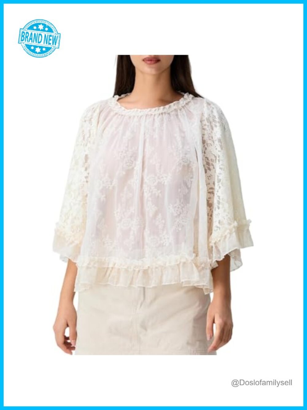 Women's Sheer Lace T-Shirt 3/4 Flared Sleeve Round Neck Party Top